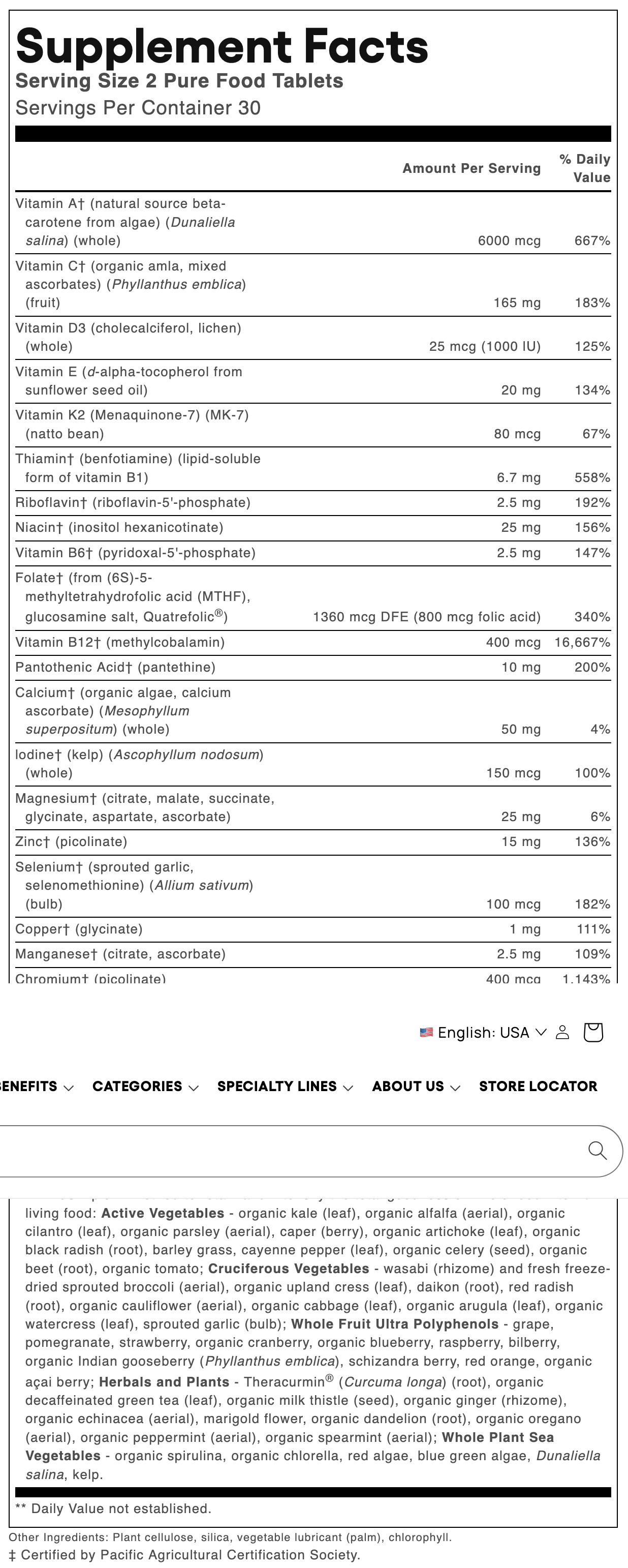 A Supplement Facts label from Pure Food Products showing a detailed list of ingredients and nutritional information for 2 pure food tablets.