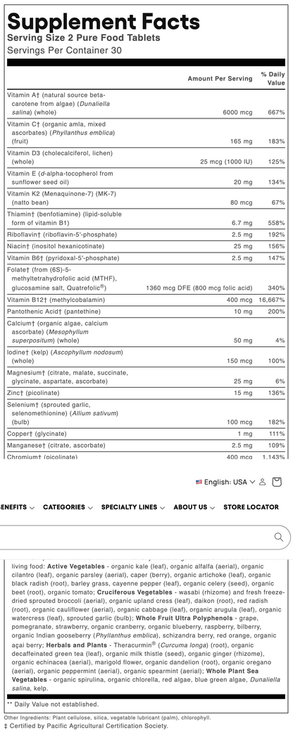 A Supplement Facts label from Pure Food Products showing a detailed list of ingredients and nutritional information for 2 pure food tablets.