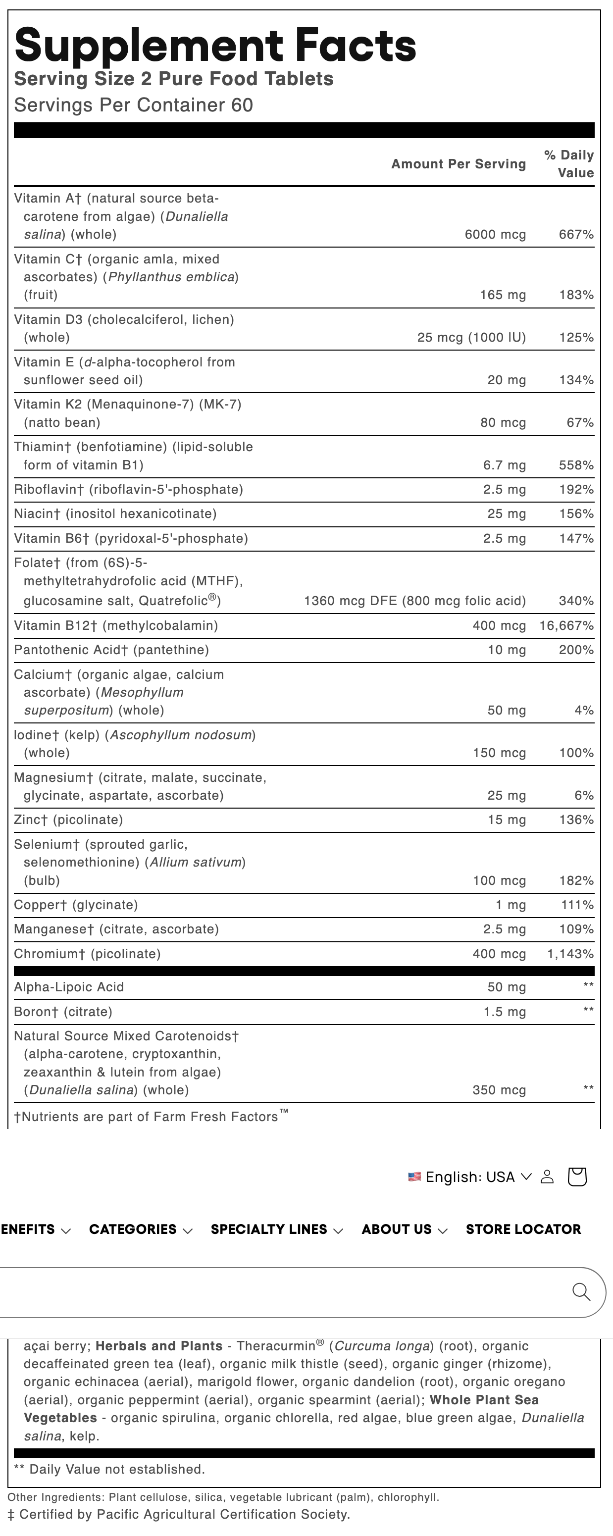 A close-up of a supplement facts label showing a table of nutrients and ingredients for a liquid supplement, with white text on a black background.