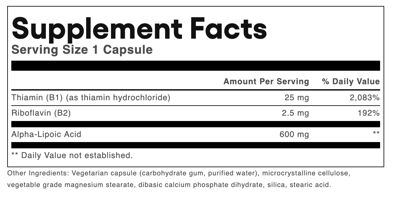 A supplement facts label showing a supplement capsule with listed nutrients including Thiamin (B1) 25 mg, Riboflavin (B2) 2.5 mg, and Alpha-Lipoic Acid 600 mg, on a white background.