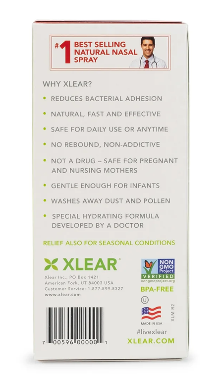 The back of a white Xlear natural nasal spray box, showing product details, benefits, a barcode, and certification logos on a white background.