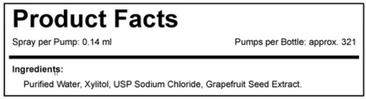 A black and white Product Facts label showing the volume of spray per pump (0.14 ml), pumps per bottle (approx.