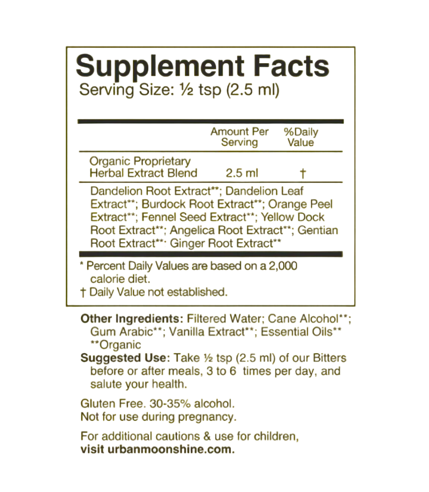 A Supplement Facts label printed in black text on a solid bright yellow background, showing serving size 1/2 tsp (2.5 ml) and ingredient details for an herbal extract blend.