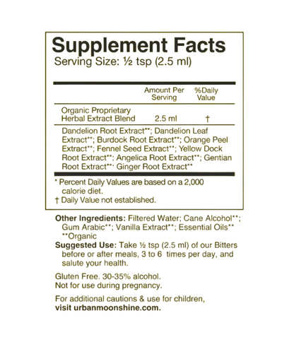 A Supplement Facts label printed in black text on a solid bright yellow background, showing serving size 1/2 tsp (2.5 ml) and ingredient details for an herbal extract blend.