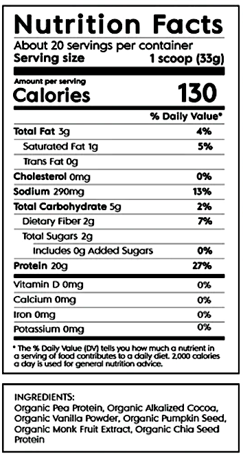 A Nutrition Facts label for a protein powder product, showing serving size 1 scoop (33g), calories, and ingredients including organic pea protein, cocoa, vanilla powder, pumpkin seed, fruit extract, and chia seed protein.