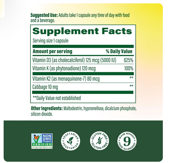A supplement facts label panel with product text and a nutrition-style table, plus certification logos at the bottom on a green-to-yellow gradient background.