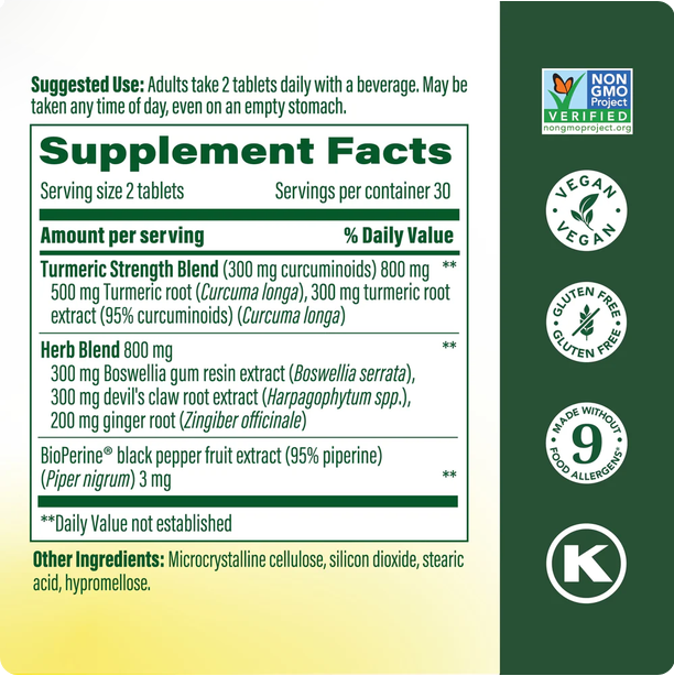 Front supplement facts panel of a dietary product package, showing the Supplement Facts label with turmeric and herb blend ingredients, alongside Non GMO Project Verified, Vegan, Gluten Free, and K2 brand marks on a dark green background.