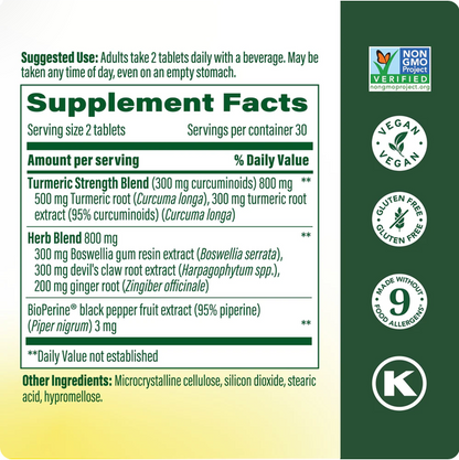 Front supplement facts panel of a dietary product package, showing the Supplement Facts label with turmeric and herb blend ingredients, alongside Non GMO Project Verified, Vegan, Gluten Free, and K2 brand marks on a dark green background.