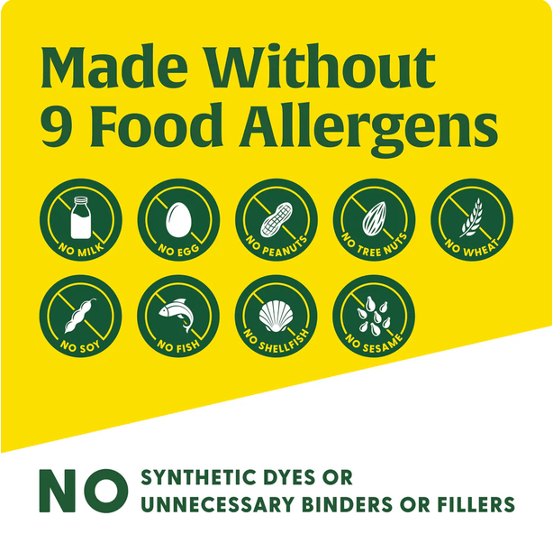 A yellow and white informational graphic with the text 'Made Without 9 Food Allergens' and eight dark green circular icons showing allergens like milk, egg, peanuts, tree nuts, wheat, soy, fish, shellfish, and sesame crossed out. Additional text at the bottom reads 'NO SYNTHETIC DYES OR UNNECESSARY BINDERS OR FILLERS.