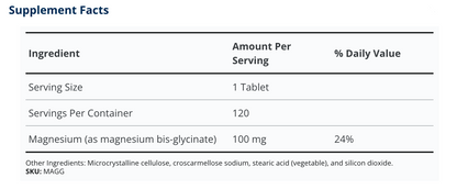 A supplement facts table for MAGG Magnesium (as magnesium bis-glycinate) tablets, showing serving size of 1 tablet, 120 servings per container, and 24% daily value.