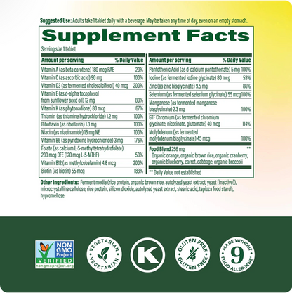 A supplement facts label with a white background and green border, listing ingredients and claims such as vegetarian, gluten free, and non-GMO. The label is shown against a dark green and yellow background.