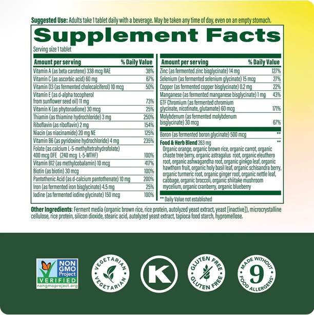 Supplement facts label with detailed nutritional information on a green background