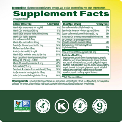 Supplement facts label with detailed nutritional information on a green background