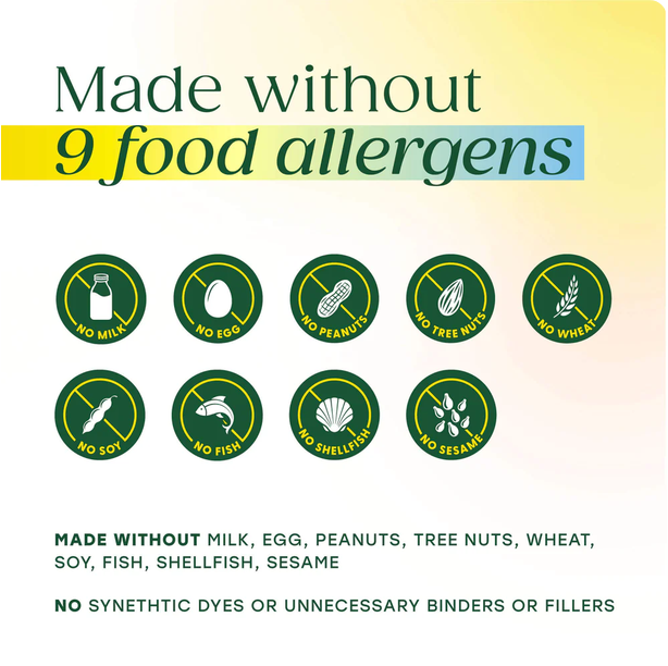 A product information graphic with the text 'Made without 9 food allergens' on a pale yellow background, followed by ten dark green circular icons with crossed-out symbols for milk, egg, peanut, tree nut, free nut, wheat, soy, fish, shellfish, and sesame. Smaller text lists the allergens and states no synthetic dyes or unnecessary binders or fillers are used.