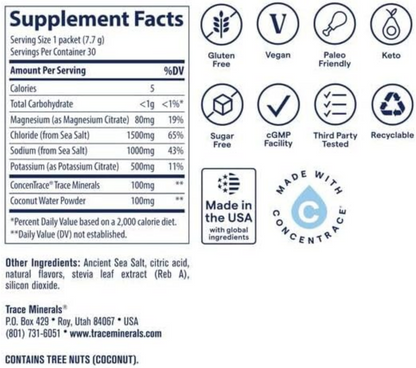 Trace Minerals supplement facts label and icon graphic showing serving size 1 packet (7.7 g), nutrition per serving, other ingredients, and feature icons for gluten free, vegan, paleo friendly, keto, sugar free, cGMP facility, third party tested, recyclable, and made in the USA.