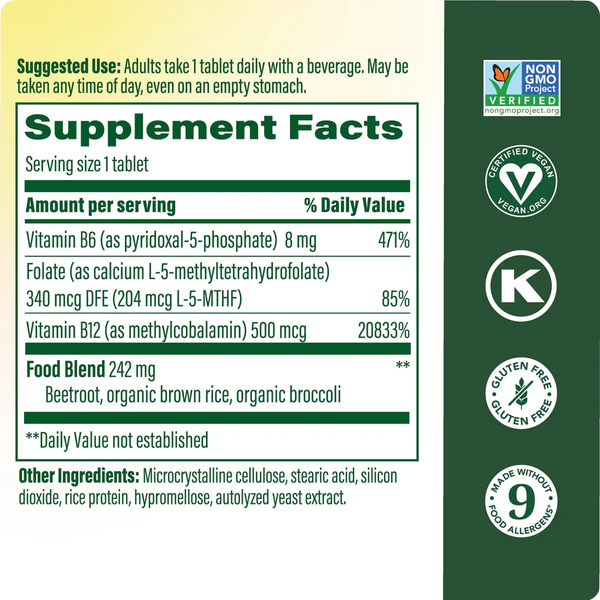 Supplement label with nutritional information and certification logos on a green background