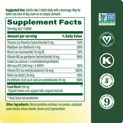 Supplement facts label with various certifications on a green and beige background