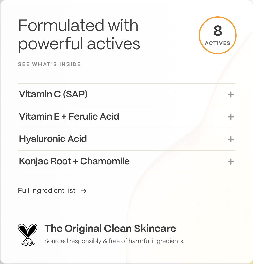 A clean white informational graphic for a skincare product, showing text that reads 'Formulated with powerful actives' and a list of ingredients including Vitamin C (SAP), Vitamin E + Ferulic Acid, Hyaluronic Acid, and Konjac Root + Chamomile. A circular badge says '8 ACTIVES' and the brand name/logo 'The Original Clean Skincare' appears at the bottom.