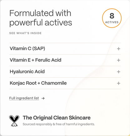 A clean white informational graphic for a skincare product, showing text that reads 'Formulated with powerful actives' and a list of ingredients including Vitamin C (SAP), Vitamin E + Ferulic Acid, Hyaluronic Acid, and Konjac Root + Chamomile. A circular badge says '8 ACTIVES' and the brand name/logo 'The Original Clean Skincare' appears at the bottom.