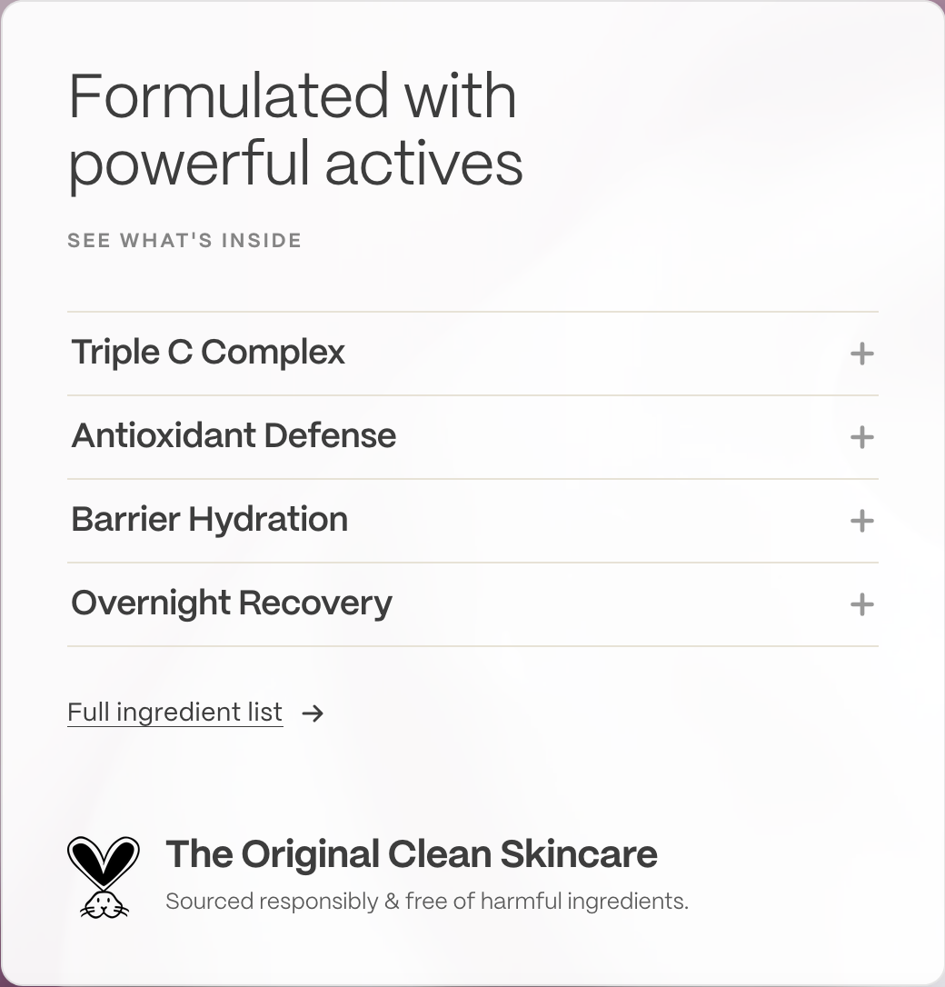 A clean white informational graphic for skincare, with dark gray text reading 'Formulated with powerful actives' and a list of included benefits: Triple C Complex, Antioxidant Defense, Barrier Hydration, and Overnight Recovery. It also includes 'Full ingredient list' and the brand tagline 'The Original Clean Skincare' with a small heart-and-shield style logo.