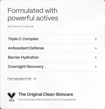 A clean white informational graphic for skincare, with dark gray text reading 'Formulated with powerful actives' and a list of included benefits: Triple C Complex, Antioxidant Defense, Barrier Hydration, and Overnight Recovery. It also includes 'Full ingredient list' and the brand tagline 'The Original Clean Skincare' with a small heart-and-shield style logo.
