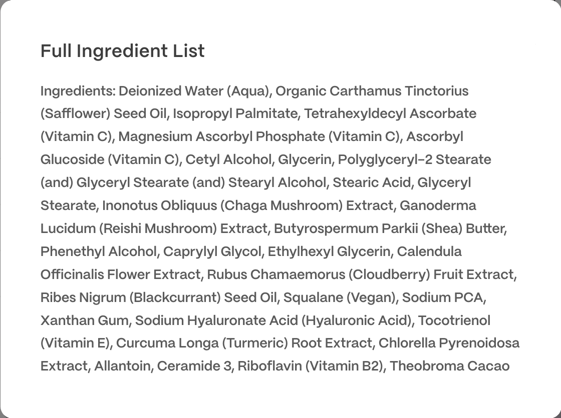 A digital graphic displaying a full ingredient list on a light gray background with a small 'x' close button in the top right corner.