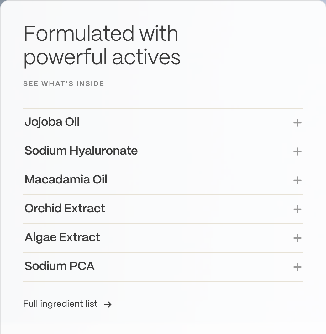 A close-up of a skincare product's ingredient list on a white background, showing Jojoba Oil, Sodium Hyaluronate, Macadamia Oil, Orchid Extract, Algae Extract, and Sodium PCA. The brand 'The Original Clean Skincare' is visible at the bottom.