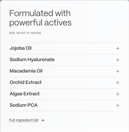 A close-up of a skincare product's ingredient list on a white background, showing Jojoba Oil, Sodium Hyaluronate, Macadamia Oil, Orchid Extract, Algae Extract, and Sodium PCA. The brand 'The Original Clean Skincare' is visible at the bottom.