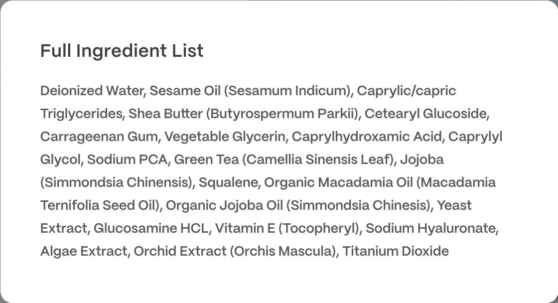A close-up of a product's full ingredient list printed in black text on a white background, with a small 'x' close button in the top-right corner.