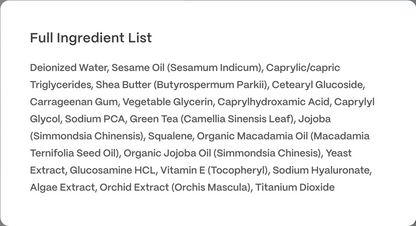 A close-up of a product's full ingredient list printed in black text on a white background, with a small 'x' close button in the top-right corner.