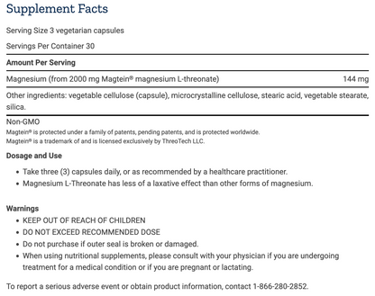 A Supplement Facts label sheet showing product information for Magnesium capsules, including serving size, servings per container, amount per serving, ingredients, non-GMO status, dosage and use instructions, and warnings.