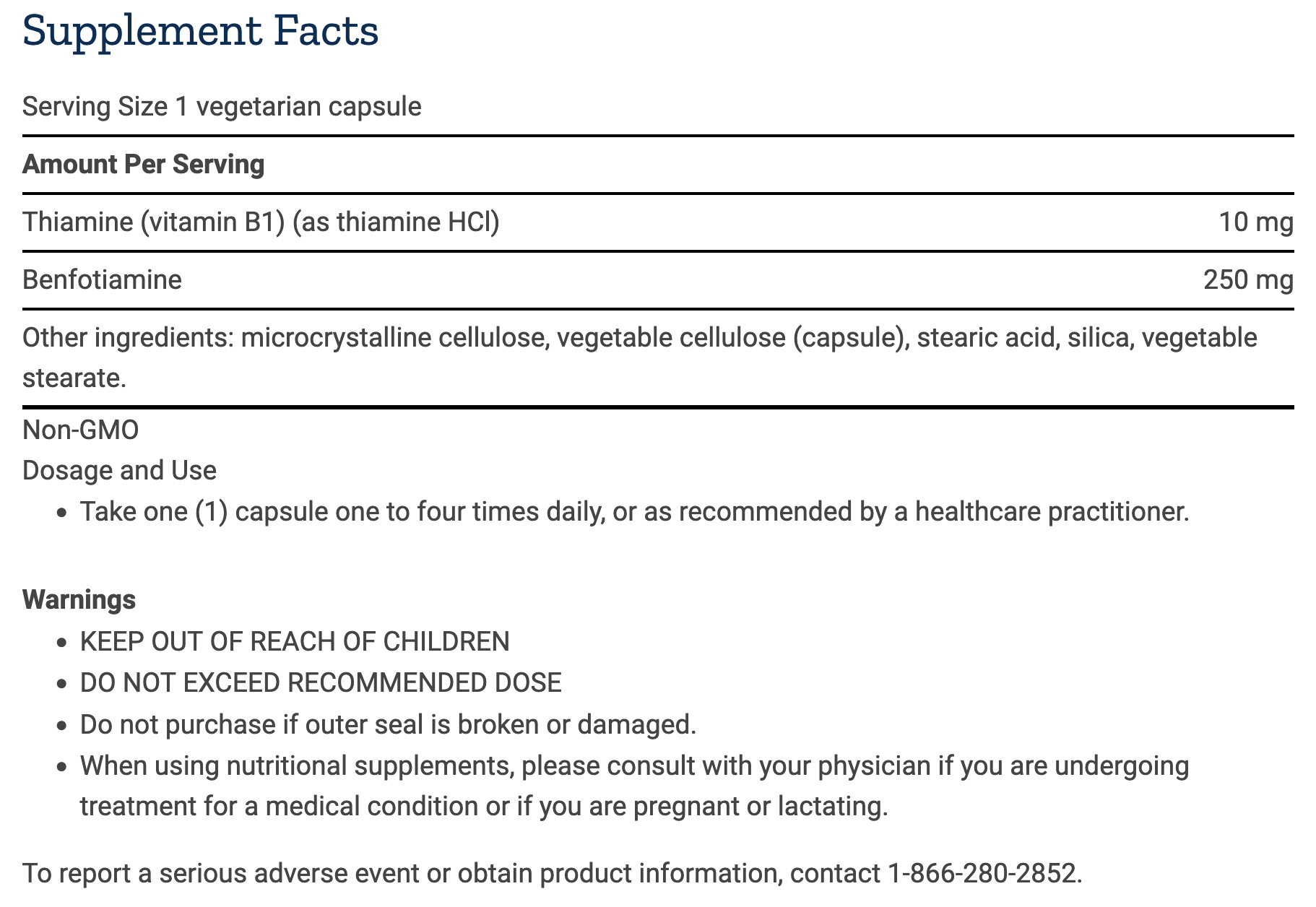A supplement facts label with text detailing serving size, amount per serving for thiamine and benfotiamine, other ingredients, dosage and use, and warnings.