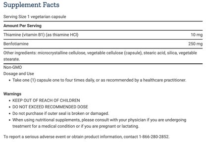 A supplement facts label with text detailing serving size, amount per serving for thiamine and benfotiamine, other ingredients, dosage and use, and warnings.