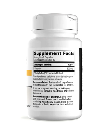 A white plastic bottle of dietary supplements shown from the back, displaying the Supplement Facts label with black text and a small yellow accent band.