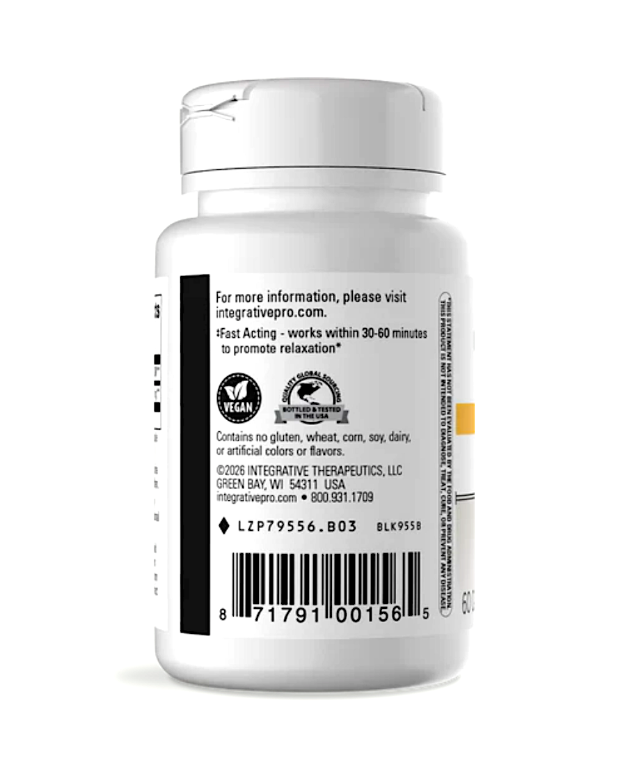 A white plastic bottle of integrative therapeutics dietary supplement shown from the back, featuring a white cap, a black label with white text, a barcode, and certification logos.