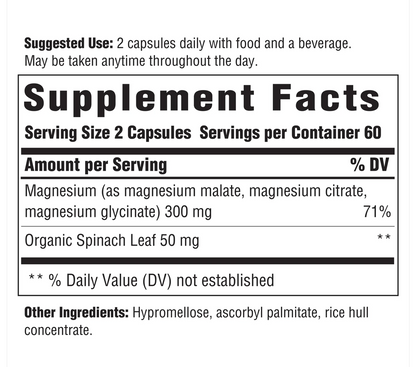 A close-up of a supplement facts label showing suggested use, serving size 2 capsules, and ingredient details for magnesium and organic spinach leaf.