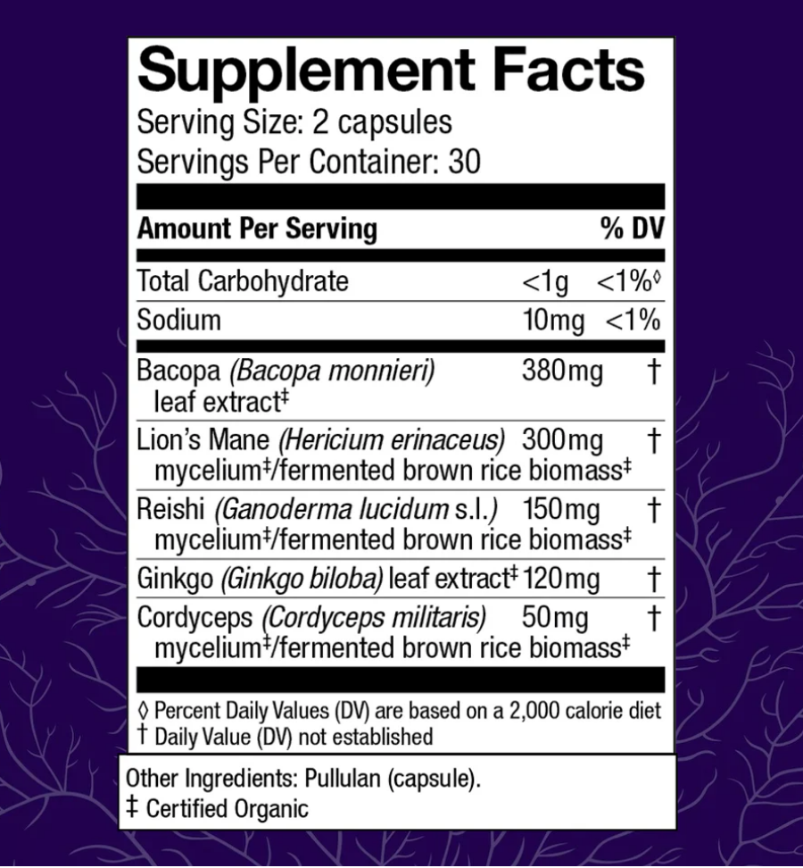 A close-up of a supplement facts label on a dark purple package background. The label lists serving size 2 capsules, servings per container 30, and ingredients including Bacopa (Bacopa monnieri) leaf extract 380mg, Lion's Mane (Hericium erinaceus) mycelium/fermented brown rice biomass 300mg, Reishi (Ganoderma lucidum s.