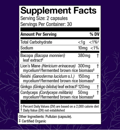 A close-up of a supplement facts label on a dark purple package background. The label lists serving size 2 capsules, servings per container 30, and ingredients including Bacopa (Bacopa monnieri) leaf extract 380mg, Lion's Mane (Hericium erinaceus) mycelium/fermented brown rice biomass 300mg, Reishi (Ganoderma lucidum s.