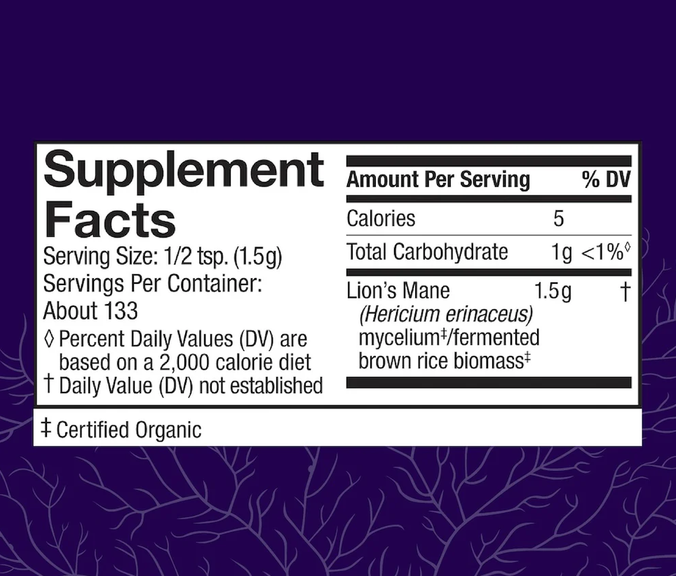 A close-up of a supplement facts label on a purple background with white branch-like line art. The label reads Supplement Facts and shows Lion's Mane as the product ingredient, with serving size and nutrition-style information printed in white text.