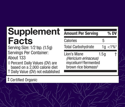 A close-up of a supplement facts label on a purple background with white branch-like line art. The label reads Supplement Facts and shows Lion's Mane as the product ingredient, with serving size and nutrition-style information printed in white text.