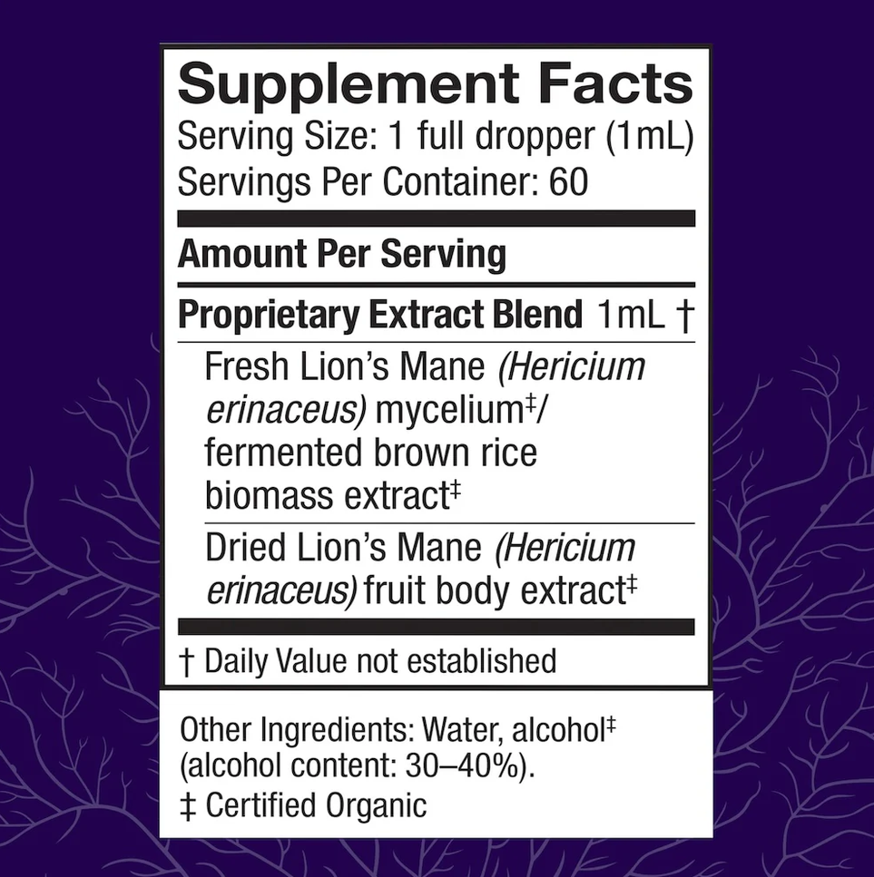 A supplement facts label panel with text about serving size, servings per container, and ingredients including fresh lion's mane and fermented brown rice biomass extract, on a dark purple background with faint branch illustrations.