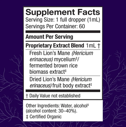 A supplement facts label panel with text about serving size, servings per container, and ingredients including fresh lion's mane and fermented brown rice biomass extract, on a dark purple background with faint branch illustrations.