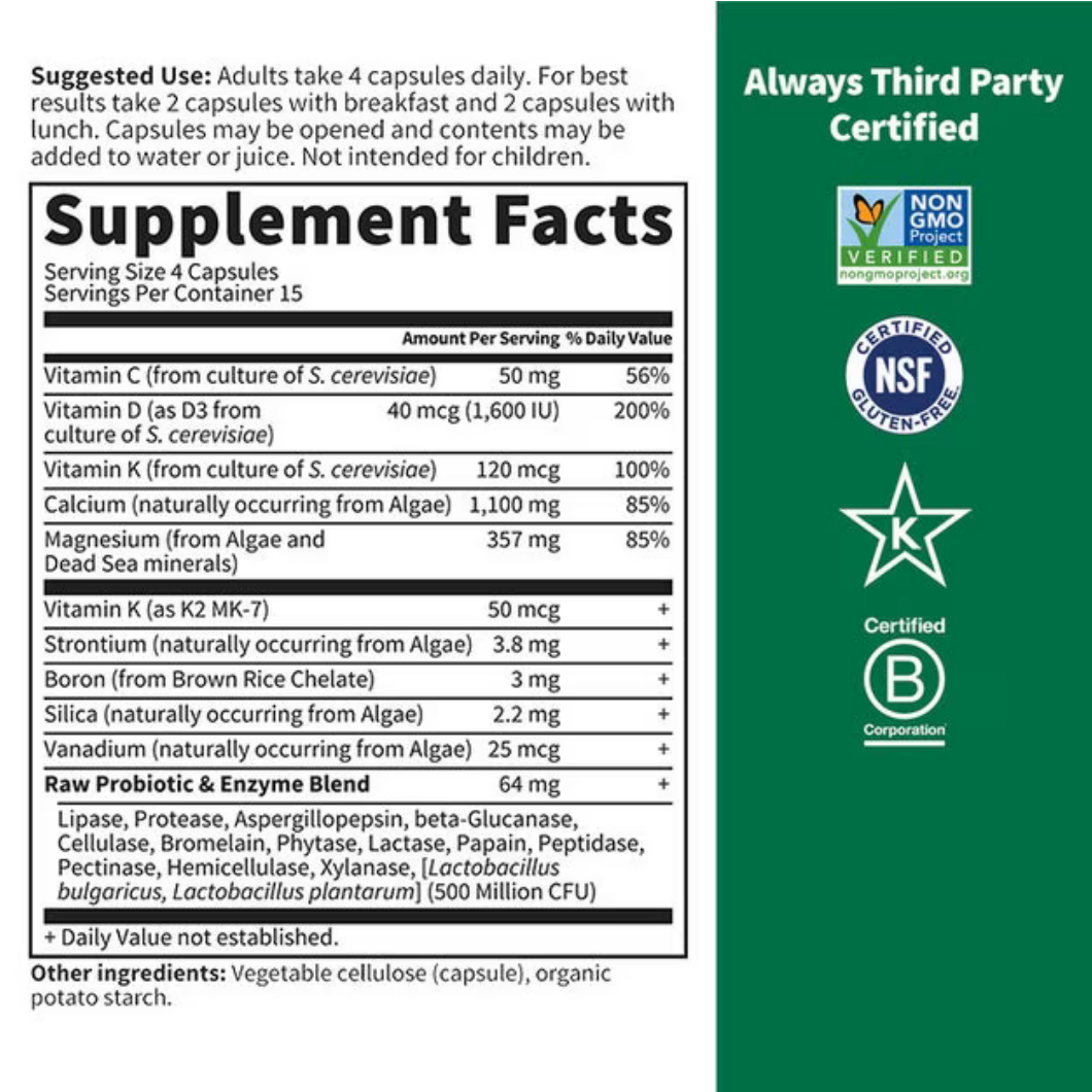 A supplement facts label for a capsule-based supplement, shown on a green background with certification logos. The label includes suggested use, a Supplement Facts table listing vitamins, minerals, and a probiotic blend, and a green side panel stating 'Always Third Party Certified' with NonGMO, NSF, and B Corporation logos.