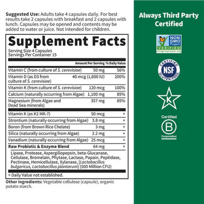 A supplement facts label for a capsule-based supplement, shown on a green background with certification logos. The label includes suggested use, a Supplement Facts table listing vitamins, minerals, and a probiotic blend, and a green side panel stating 'Always Third Party Certified' with NonGMO, NSF, and B Corporation logos.