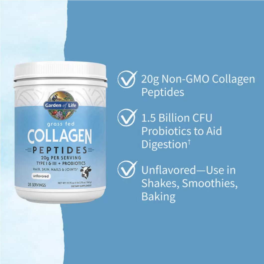 A white tub of Garden of Life Collagen Peptides with a light blue label, shown next to three bullet points of product benefits on a blue background.