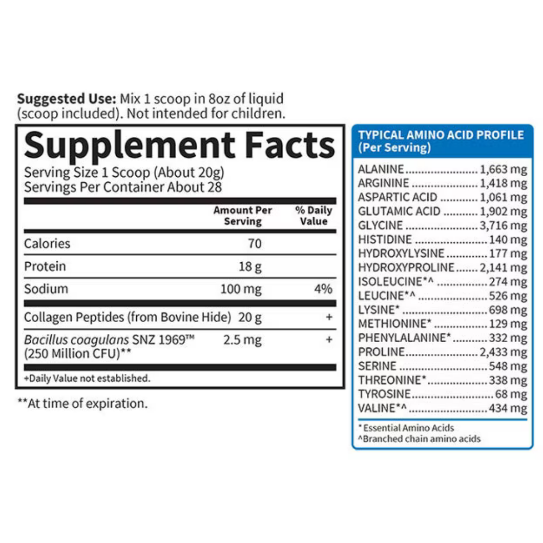 Supplement facts label for a collagen powder product, showing serving size, nutrients per serving, and a blue panel with typical amino acid profile values.