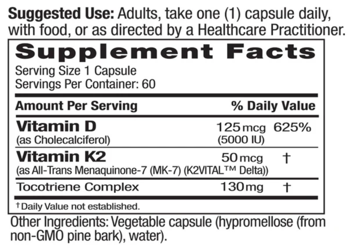 Supplement label with vitamin D, K2, and tocotrienol complex details.