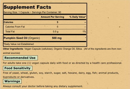 A close-up of a supplement facts label on a beige package, showing text for Pumpkin Seed Oil (Organic) 500 mg, including serving size, calories, daily value, recommended use, food sensitivity, warnings, and disclaimer.