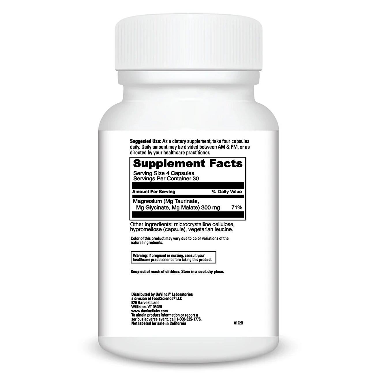 A white plastic bottle of dietary supplement capsules shown from the back, featuring a white label with black text displaying the Supplement Facts panel.
