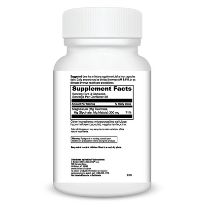 A white plastic bottle of dietary supplement capsules shown from the back, featuring a white label with black text displaying the Supplement Facts panel.